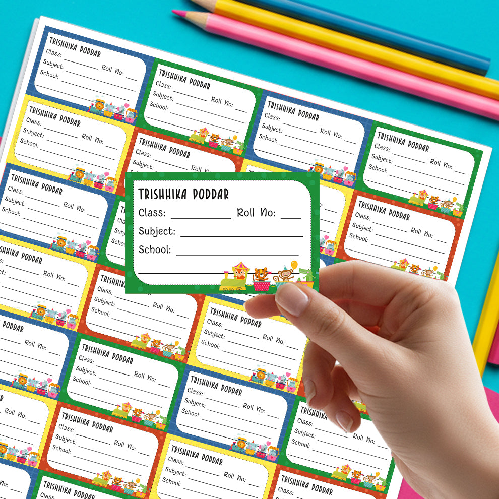Personalized School Book Labels - Animals Fun Ride Peppydots|]Peppydots