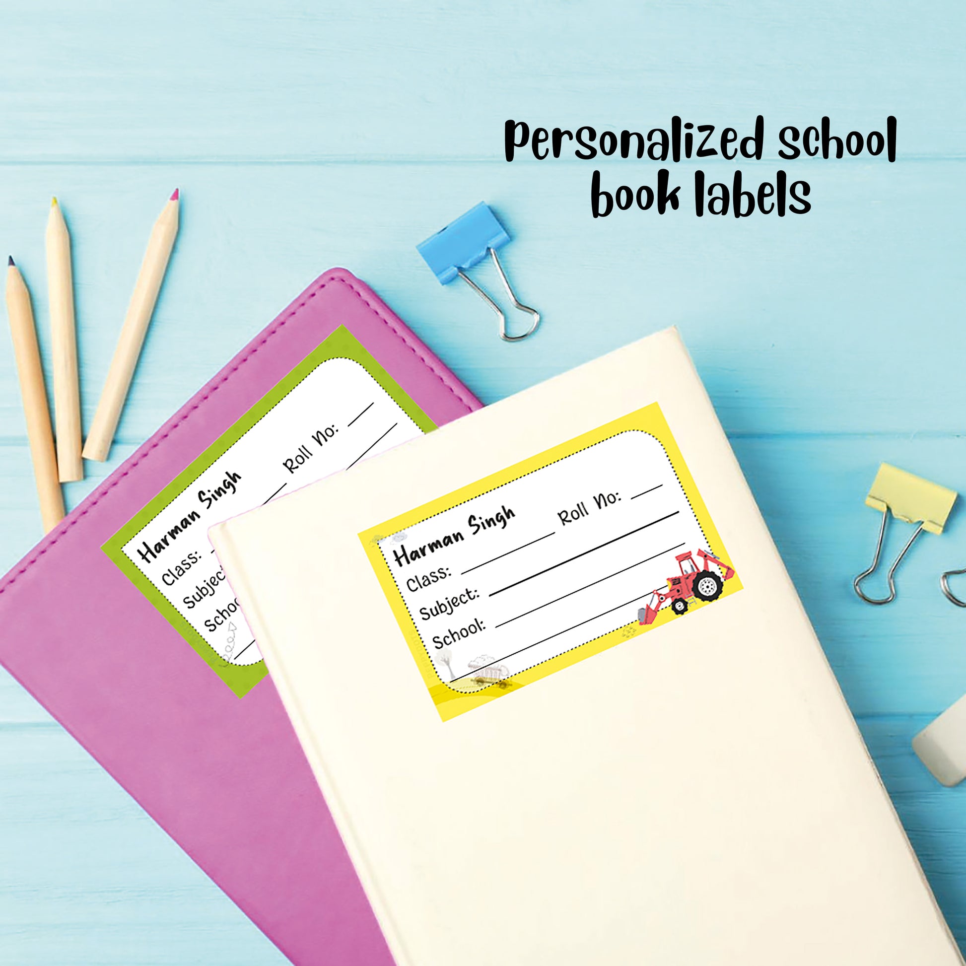 Personalized School Book Labels - Construction Vehicle Peppydots|]Peppydots