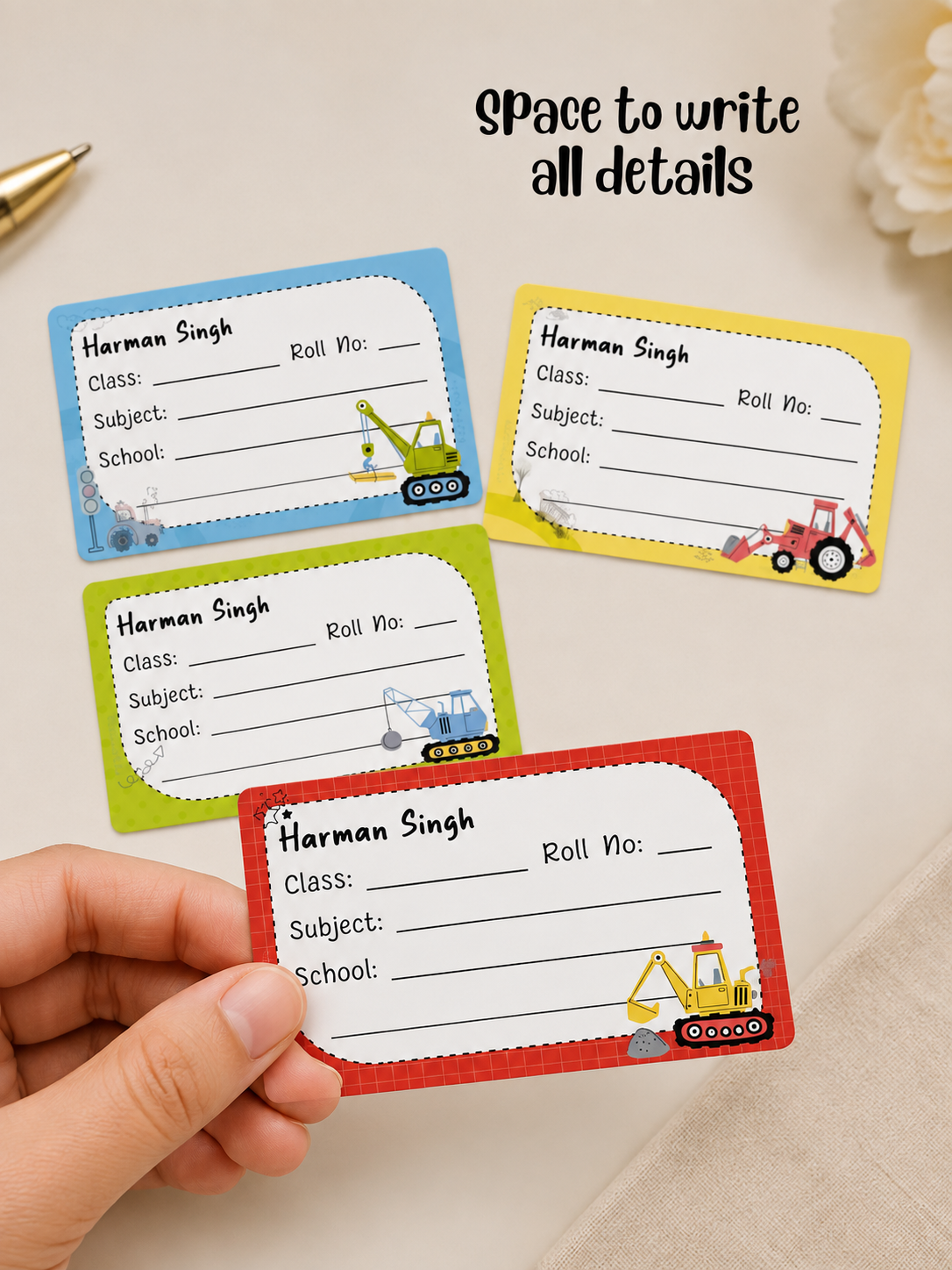 Personalized School Book Labels - Construction Vehicle Peppydots|]Peppydots