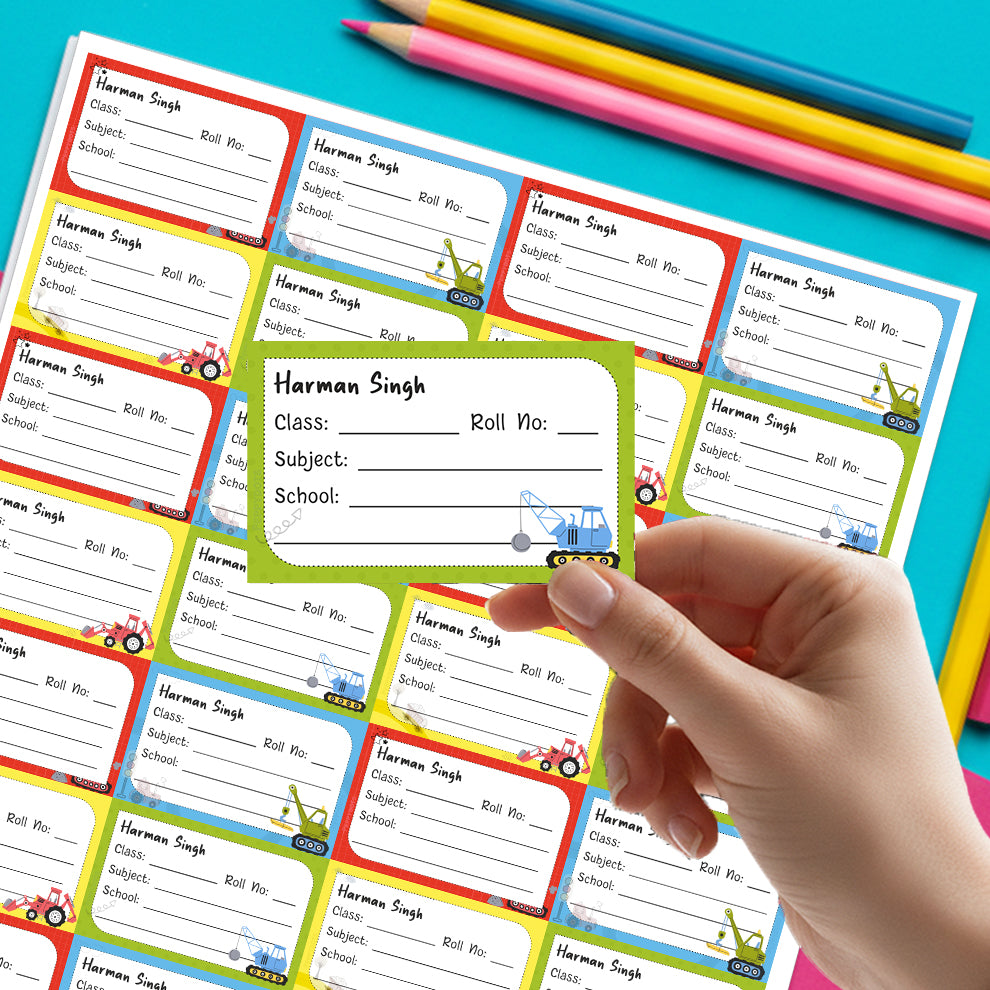 Personalized School Book Labels - Construction Vehicle Peppydots|]Peppydots