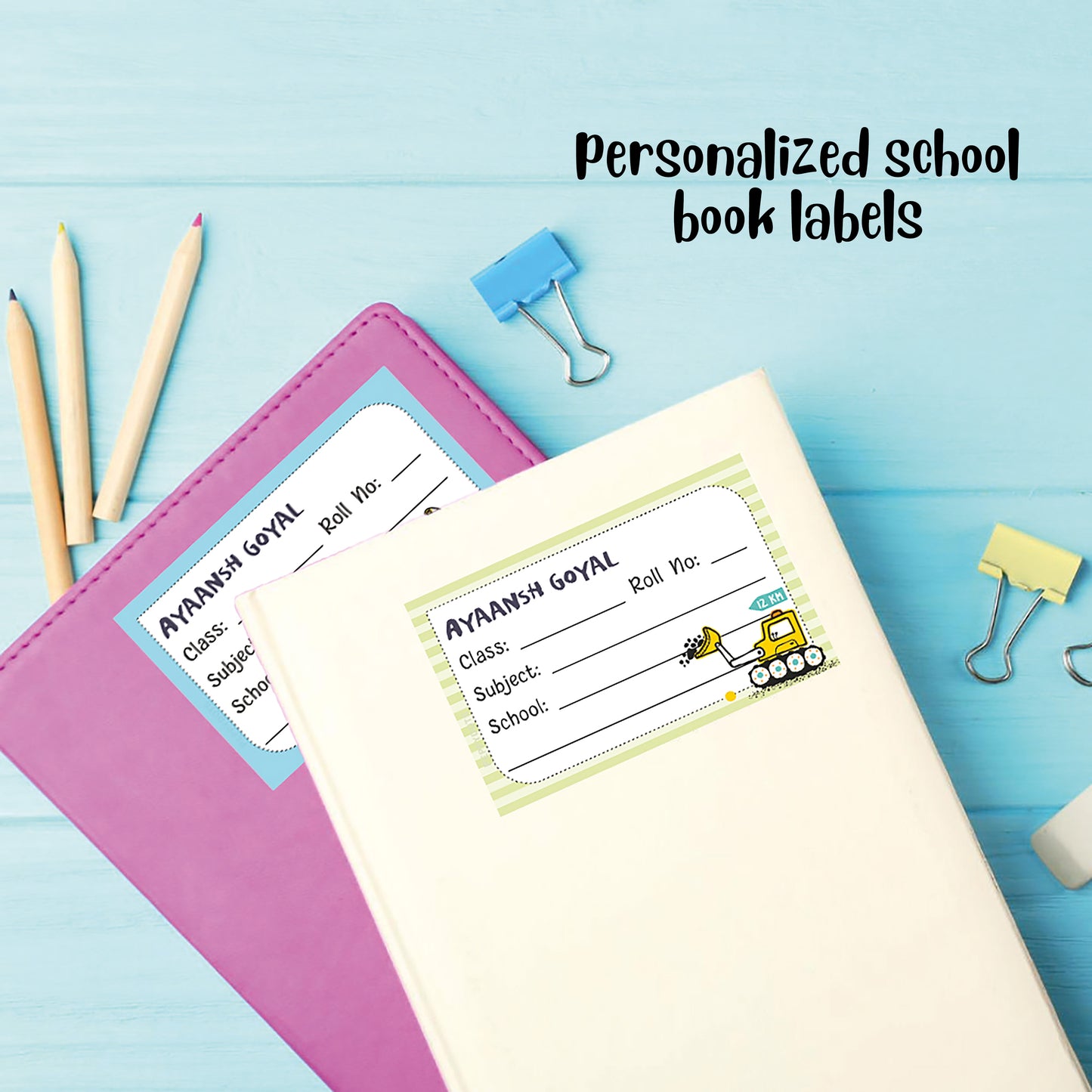 Personalized School Book Labels - Cute Construction Vehicles Peppydots|]Peppydots