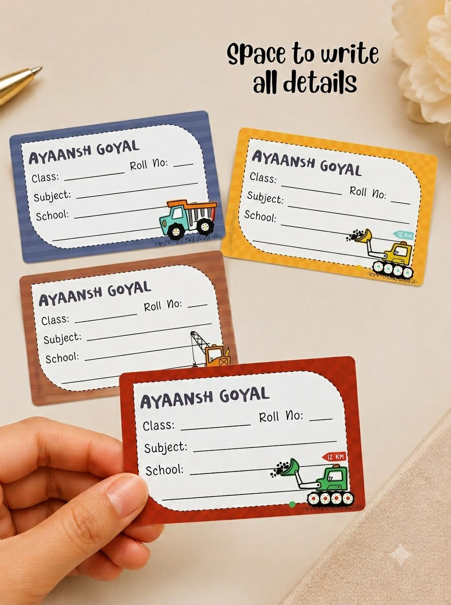 Personalized School Book Labels - Cute Construction Vehicles Peppydots|]Peppydots