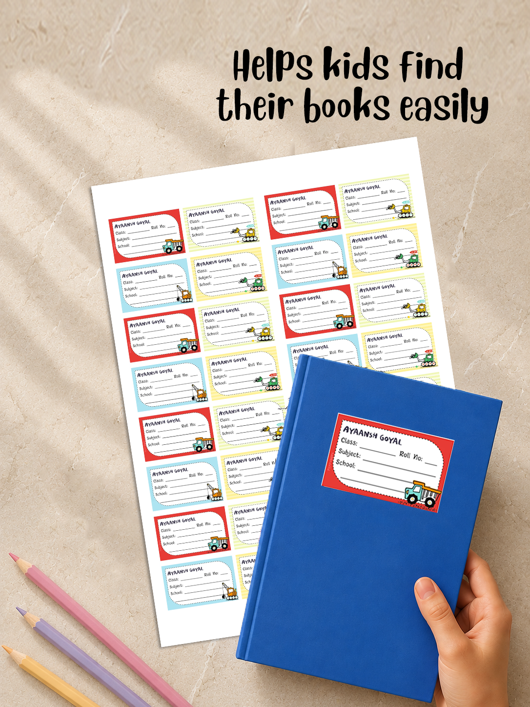 Personalized School Book Labels - Cute Construction Vehicles Peppydots|]Peppydots