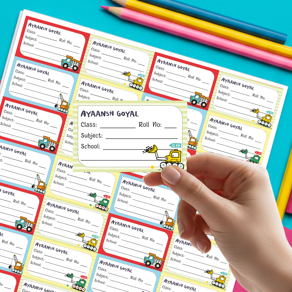 Personalized School Book Labels - Cute Construction Vehicles Peppydots|]Peppydots