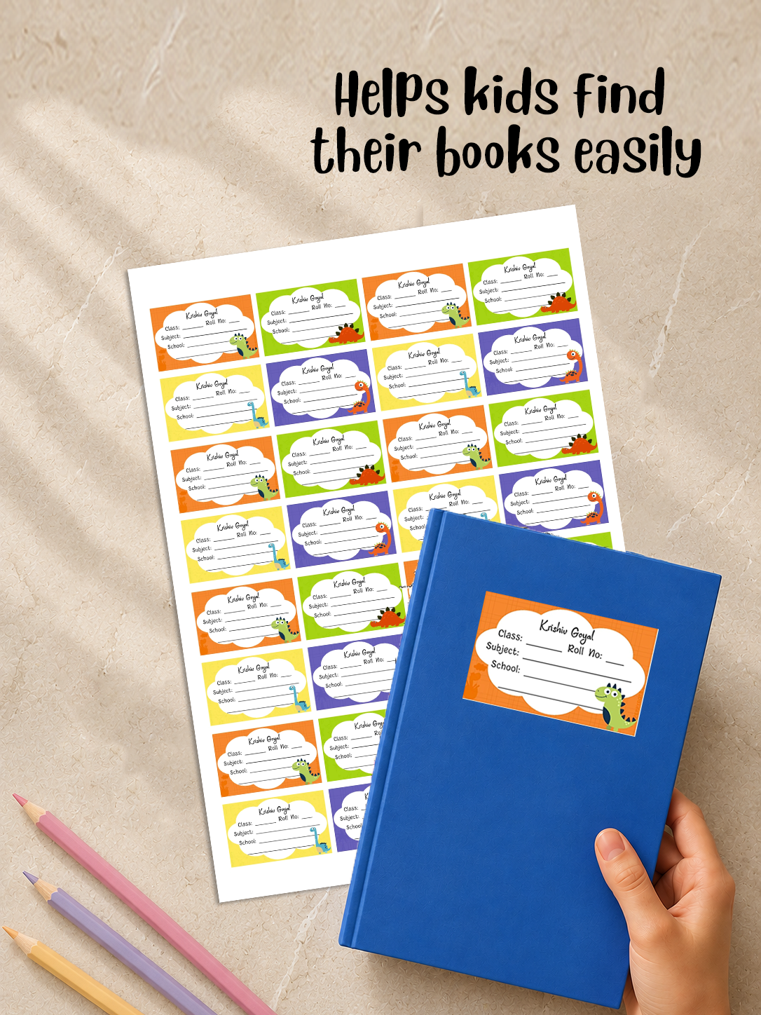 Personalized School Book Labels - Dino Colors Peppydots|]Peppydots