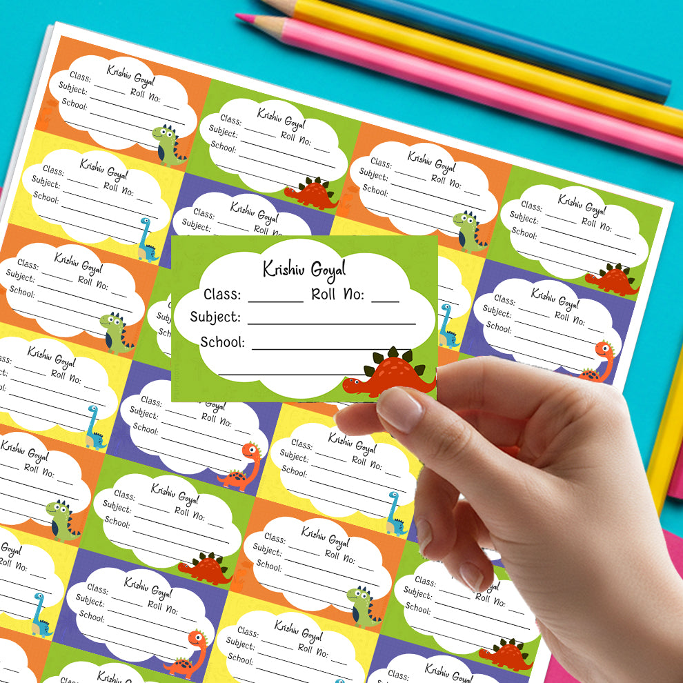 Personalized School Book Labels - Dino Colors Peppydots|]Peppydots