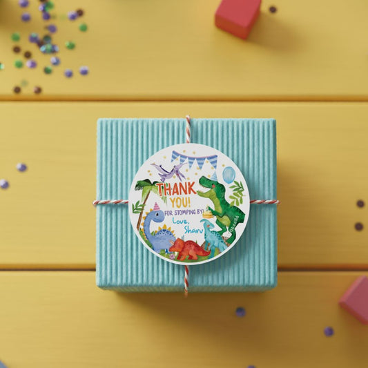 Round thank you label- Dino Party Doxbox Store|]Peppydots
