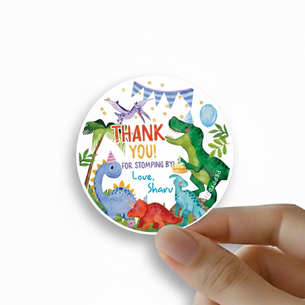 Round thank you label- Dino Party Doxbox Store|]Peppydots