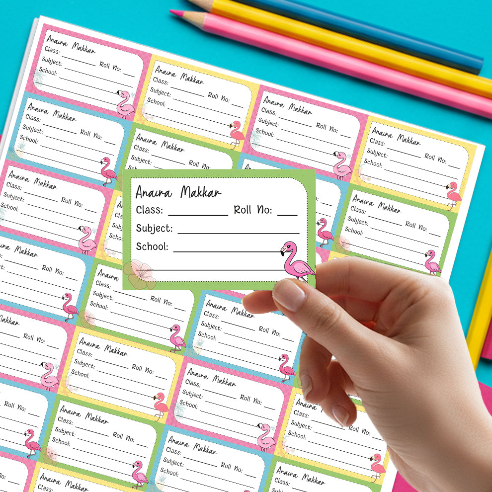 Personalized School Book Labels - Flamingo Peppydots|]Peppydots