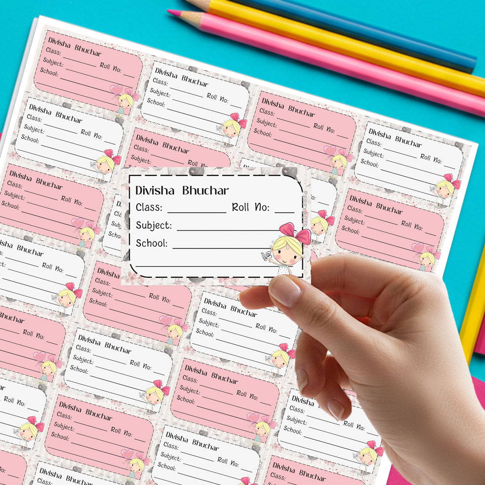 Personalized School Book Labels - Girl with a Bow Peppydots|]Peppydots