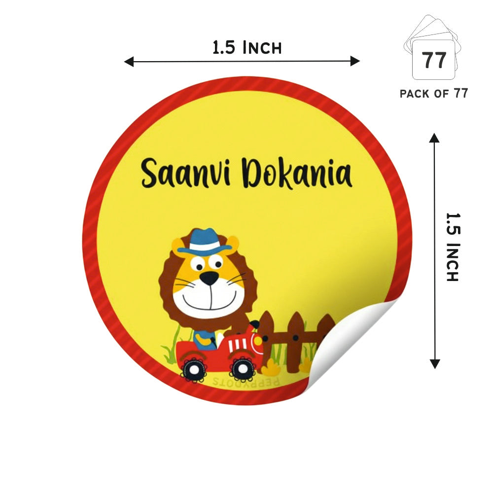 Round Waterproof Labels - Lion on a tracktor Doxbox Store|]Peppydots